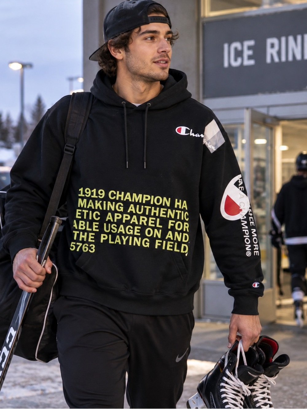 Champion Black Graphic Hoodie – Yellow 1919 Front Print – Size Large